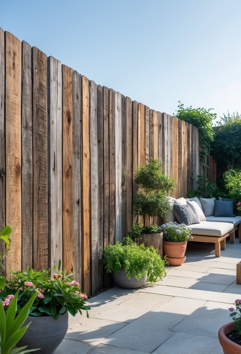 A wooden fence made of reclaimed wood surrounding a terrace with plants and outdoor seating under a clear sky.
