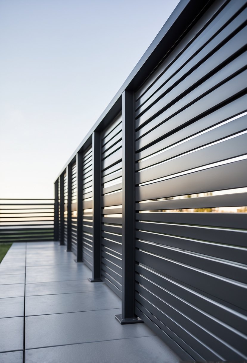 A horizontal metal slat fence on a terrace with a clear sky in the background.