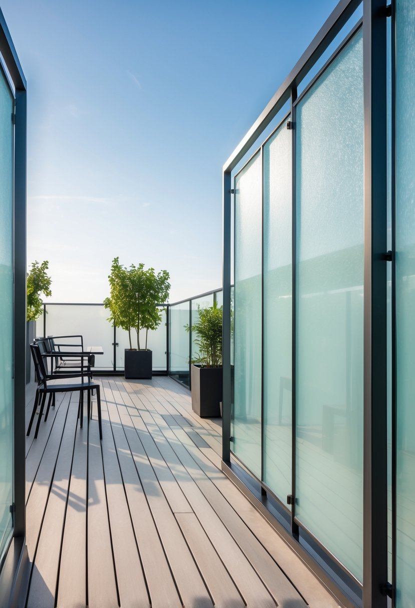Outdoor terrace with frosted glass panel fence, wooden decking, and outdoor furniture under a clear sky.
