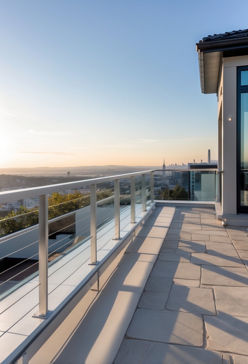 Aluminum railing with powder coating installed on a terrace overlooking a cityscape.