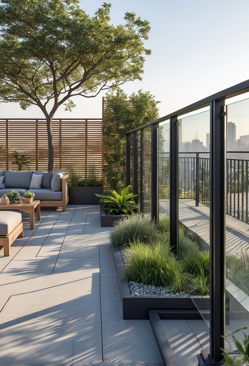 A terrace with different styles of fences including wood, metal, and glass, surrounded by outdoor furniture and plants.