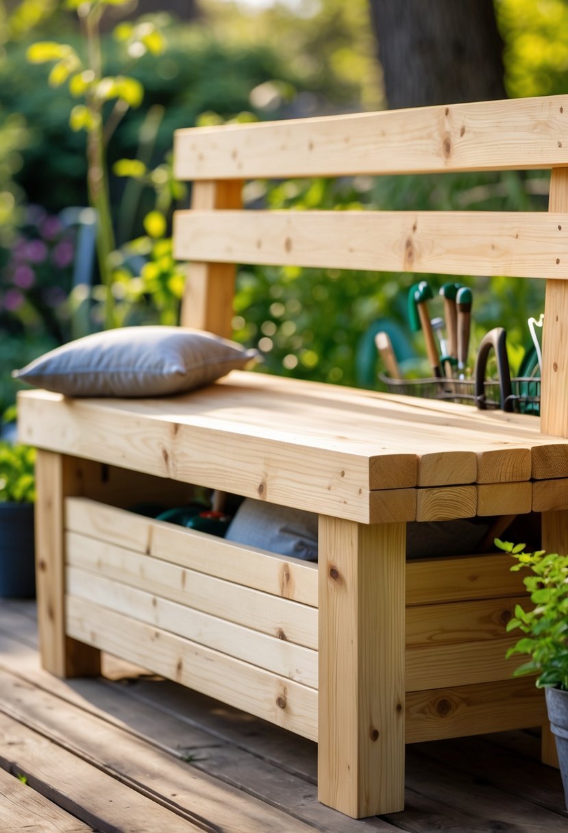 A wooden bench with storage underneath placed outdoors on a deck surrounded by plants.