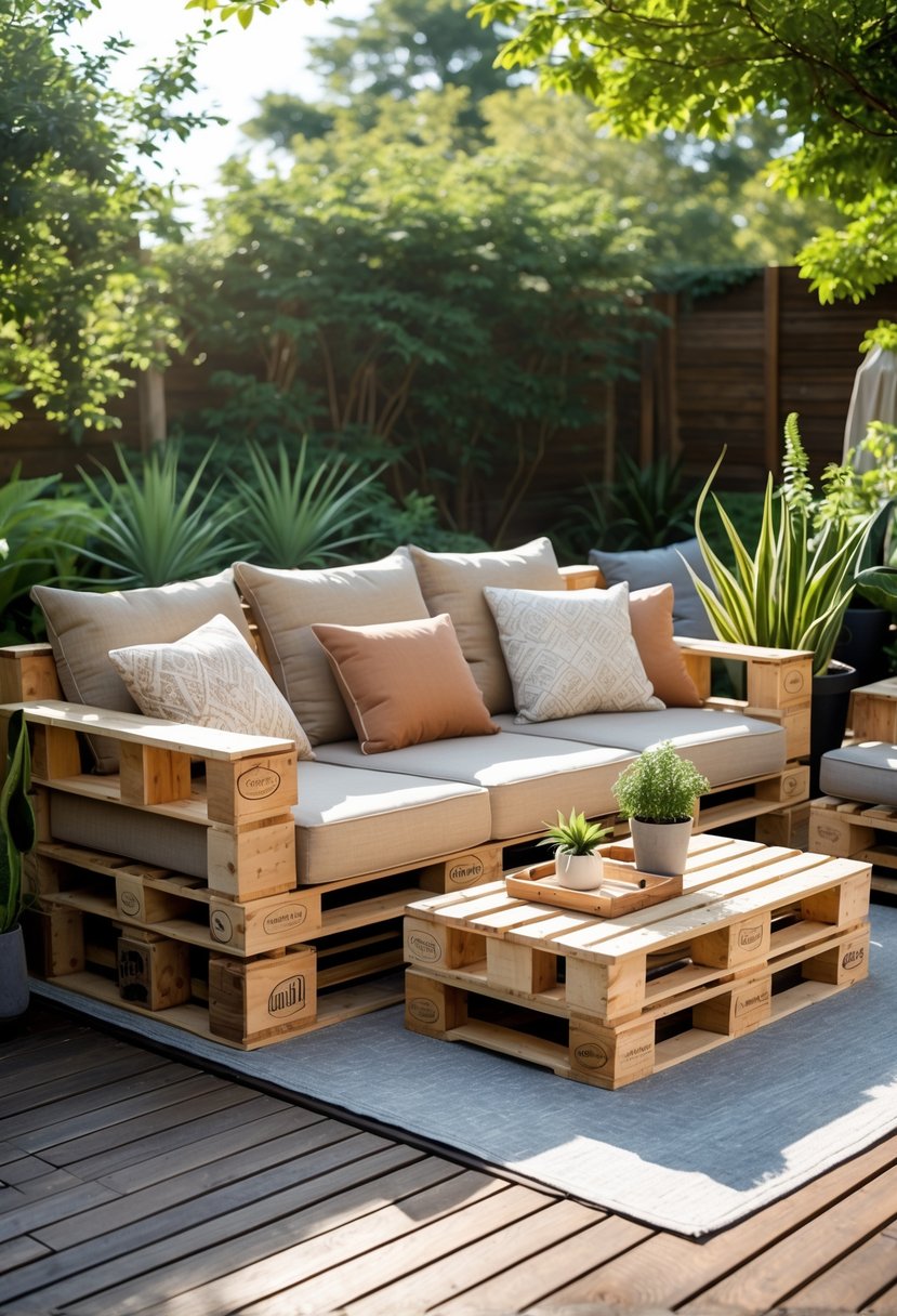 Outdoor pallet sofa with cushions on a wooden deck surrounded by greenery.