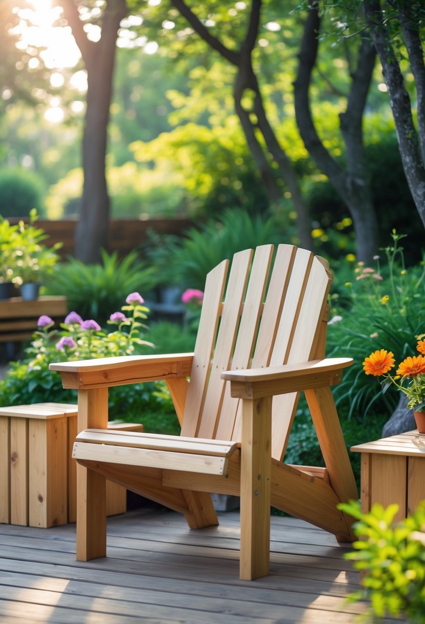 A wooden Adirondack chair sitting outdoors on a patio surrounded by plants and flowers in a garden.
