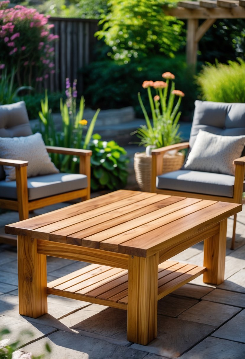 A wooden outdoor coffee table on a backyard patio surrounded by chairs and greenery.