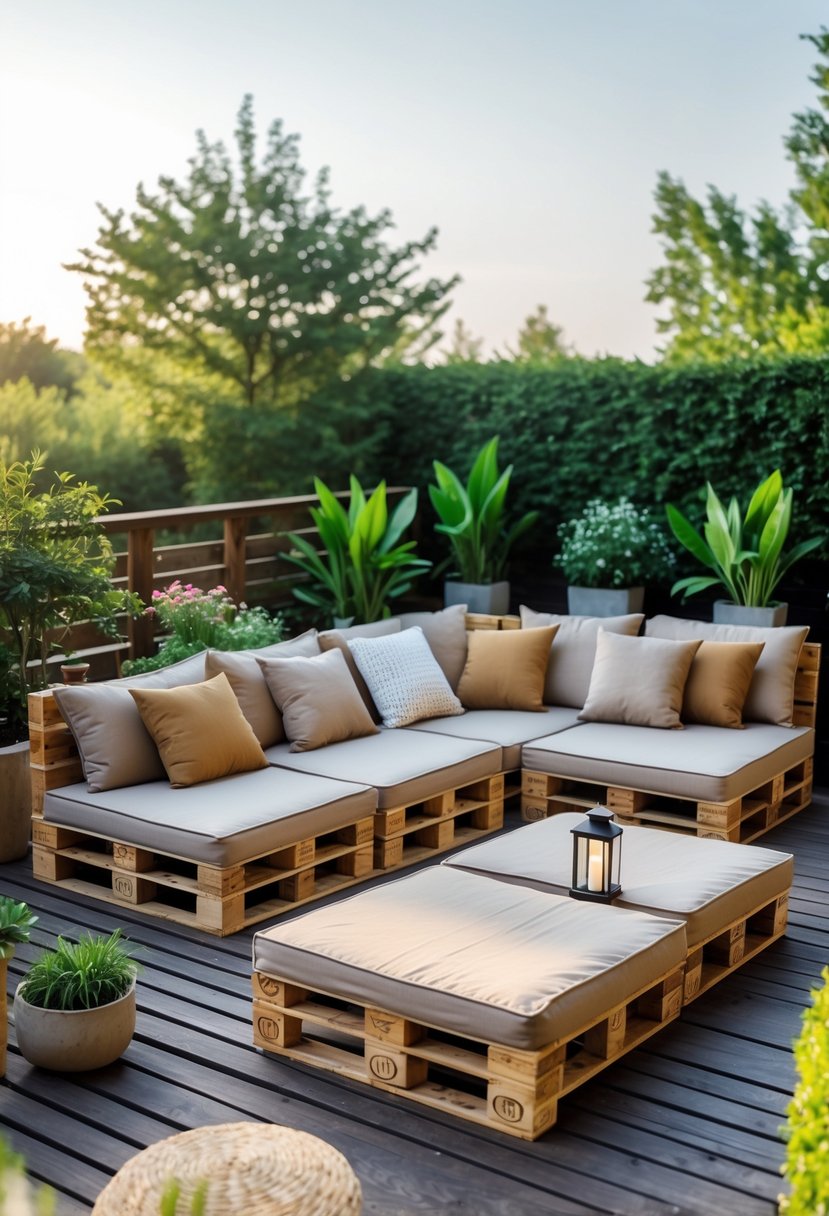 Outdoor pallet sectional sofa with weatherproof cushions arranged on a wooden deck surrounded by plants.