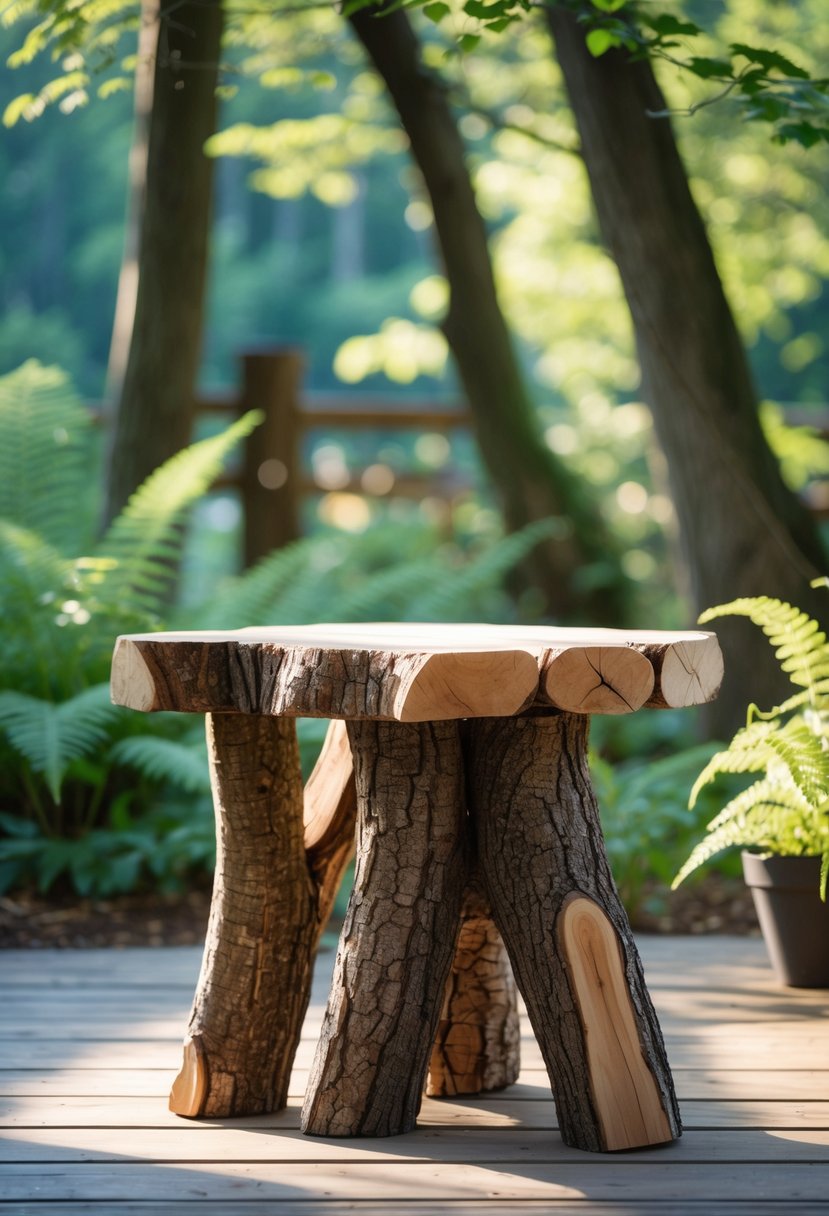 A rustic log side table outdoors surrounded by green plants and natural sunlight.