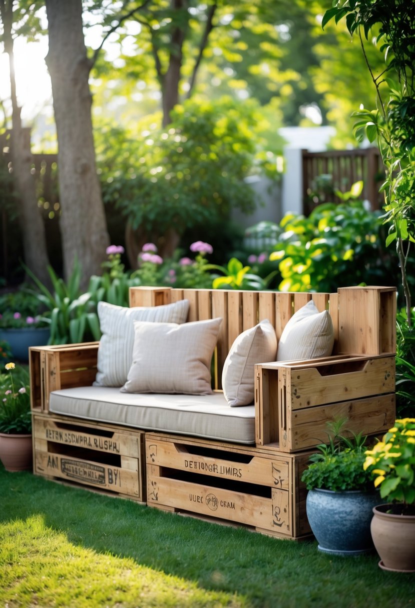 A wooden garden bench made from recycled crates placed in a green garden with plants and cushions.