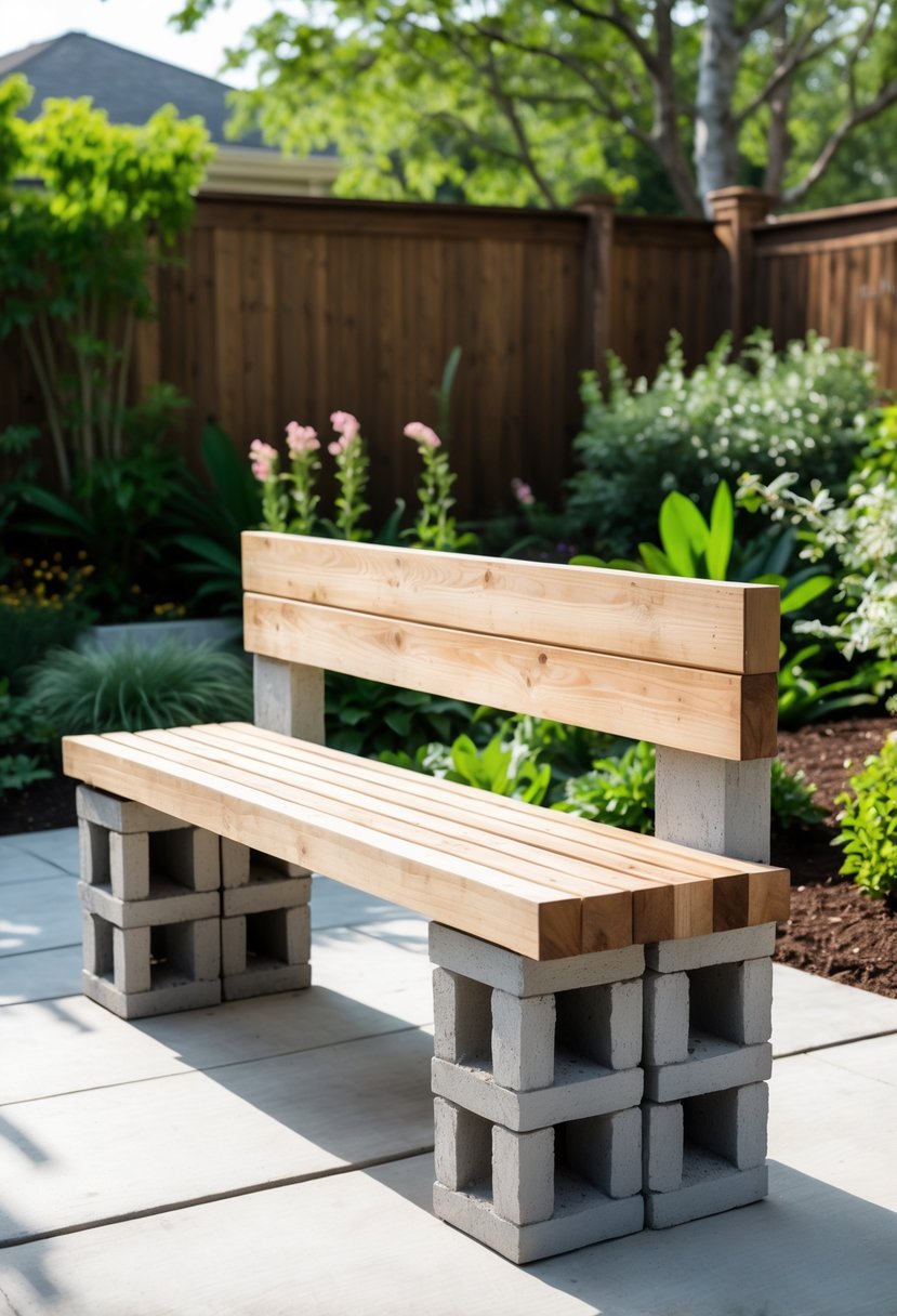 An outdoor bench made of gray cinder blocks and wooden planks placed on a patio surrounded by green plants and garden foliage.