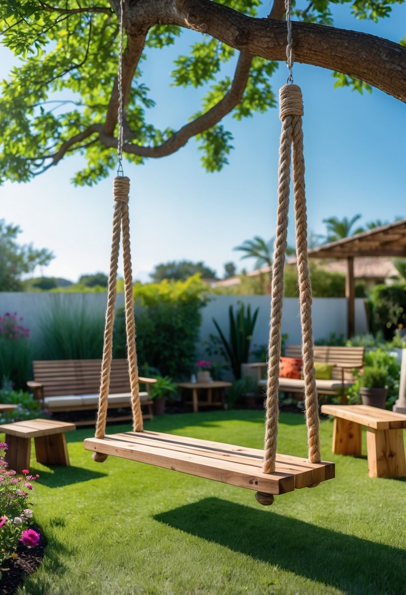An outdoor swing made of rope and wood hanging from a tree in a backyard with grass and flowers.