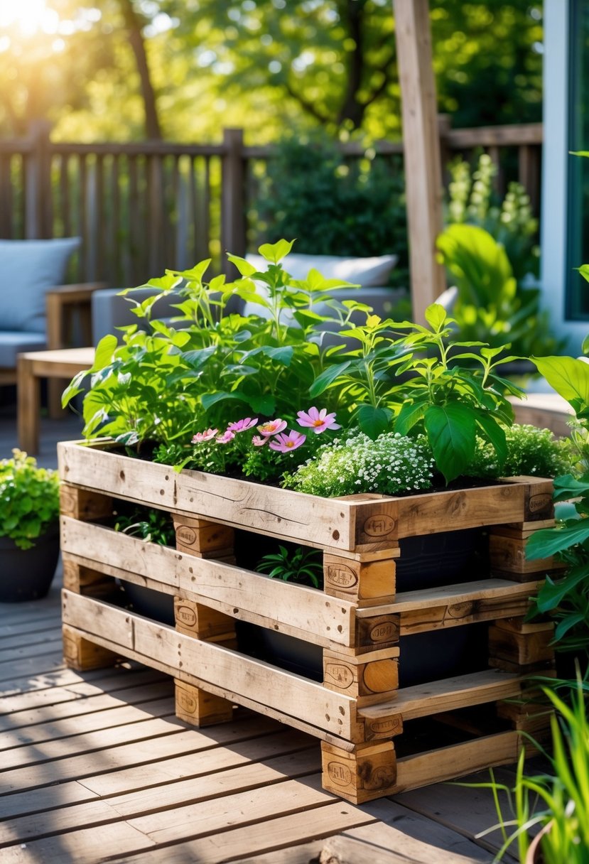 A weatherproof wooden pallet planter box filled with green plants and colorful flowers in a garden setting.