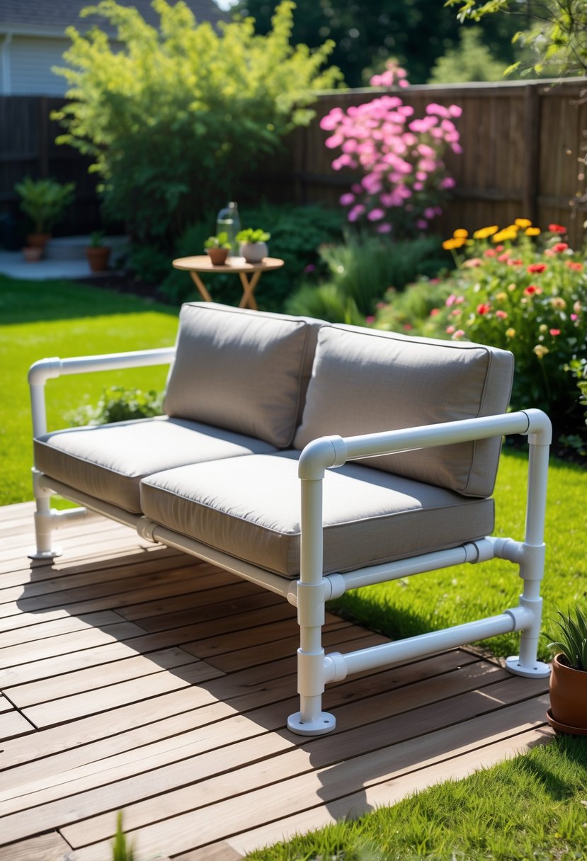 An outdoor sofa frame made from white PVC pipes placed in a garden with grass and plants.