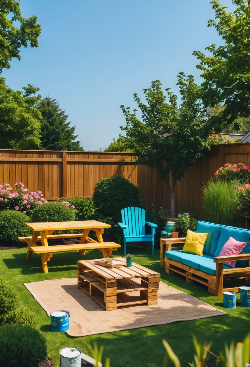 A backyard with various DIY outdoor furniture pieces including wooden tables, chairs, and a cushioned bench surrounded by green plants and garden tools.