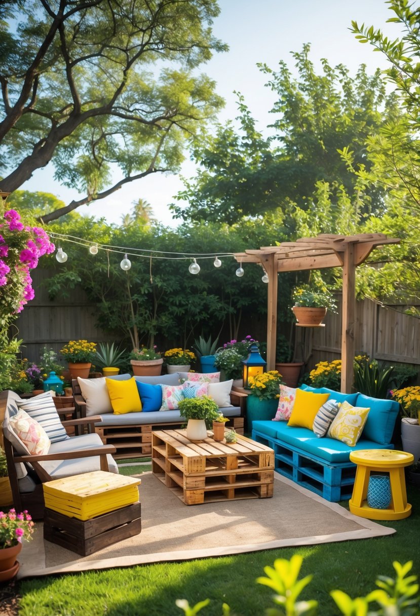 A sunny backyard patio featuring a variety of handcrafted outdoor furniture pieces including benches, sofas, tables, and a garden swing surrounded by plants and trees.