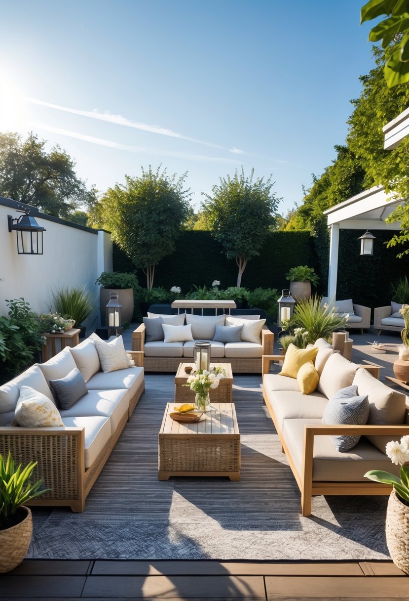 A spacious outdoor patio area displaying fifteen different outdoor sofas surrounded by plants and natural sunlight.