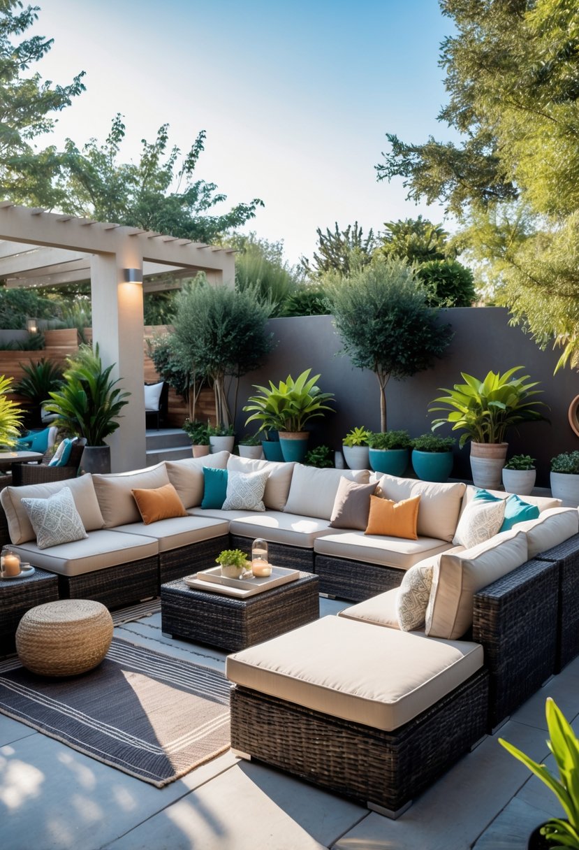 Outdoor scene with several modular sectional sofas arranged in different seating configurations surrounded by plants and patio furniture.