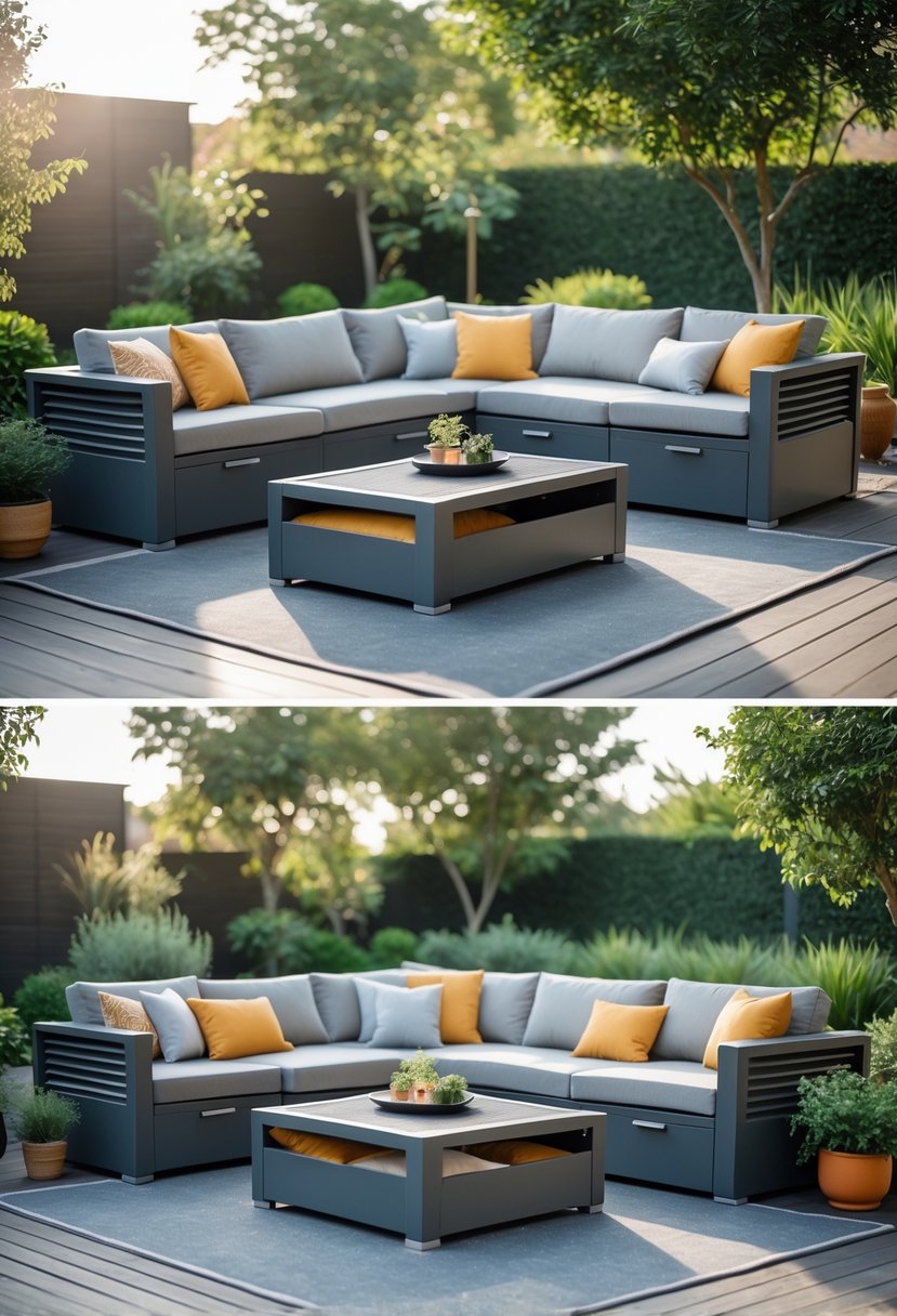 Outdoor patio with several built-in storage sofas arranged around a coffee table, surrounded by plants and natural light.