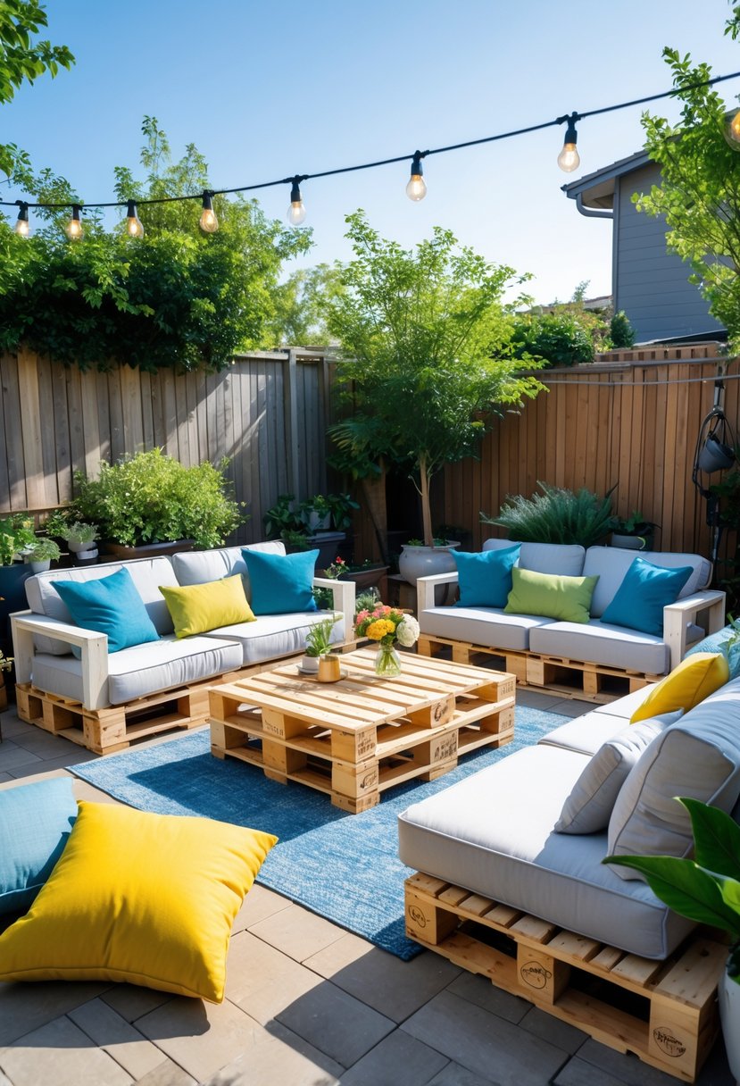 Outdoor patio with several wooden pallet sofas arranged around a coffee table, surrounded by plants and greenery under a clear sky.