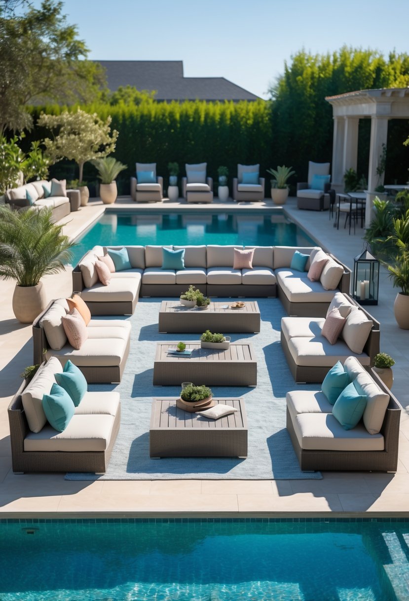 Outdoor poolside area with multiple waterproof sofas and quick-dry cushions arranged around a swimming pool.