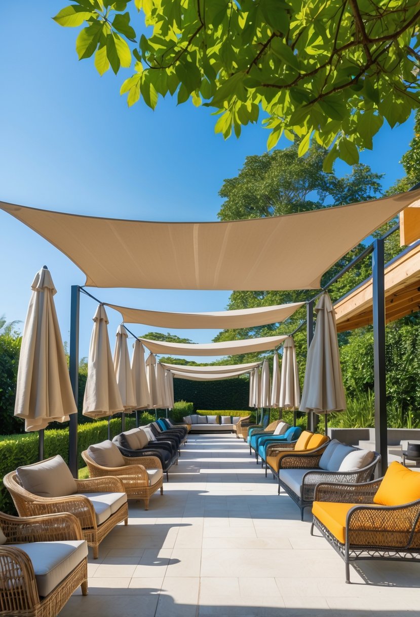 A bright outdoor patio with multiple sofas, each covered by a canopy providing shade, surrounded by greenery under a clear sky.