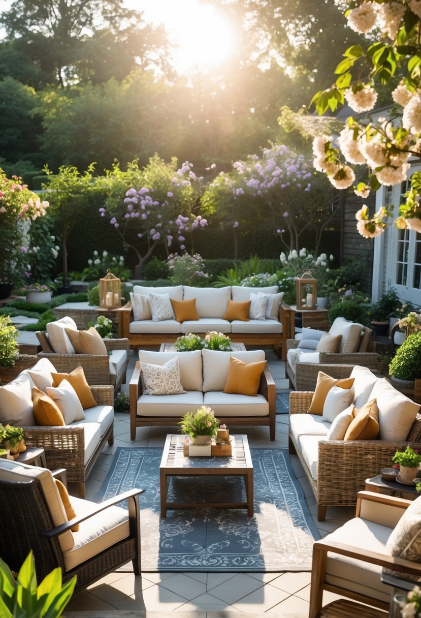 A garden patio with various outdoor sofas made from different materials surrounded by plants and sunlight.