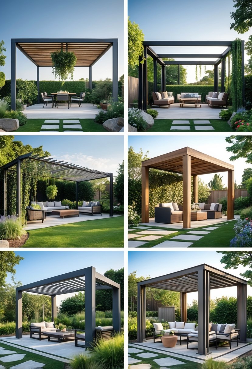 Outdoor garden area displaying twelve different pergolas surrounded by plants and furniture under a clear sky.