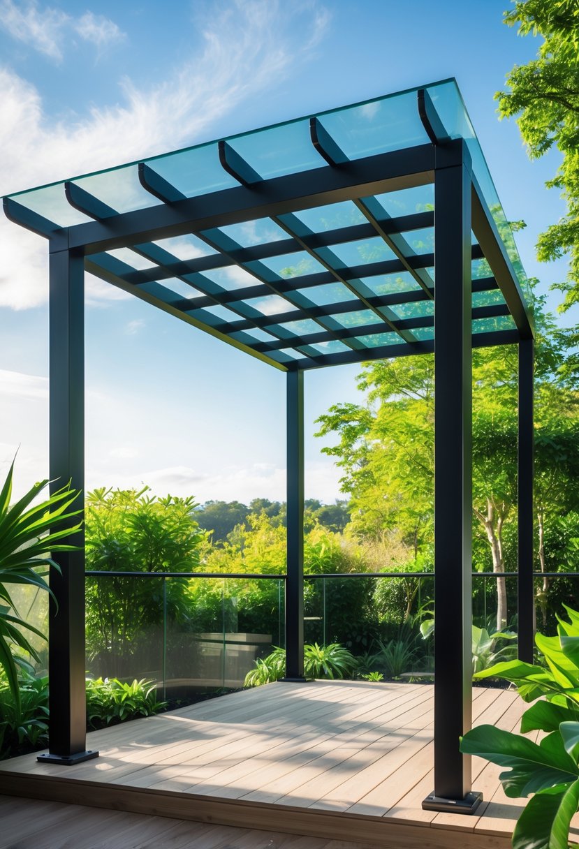 Black steel pergola with a glass roof in a green outdoor setting under a clear sky.
