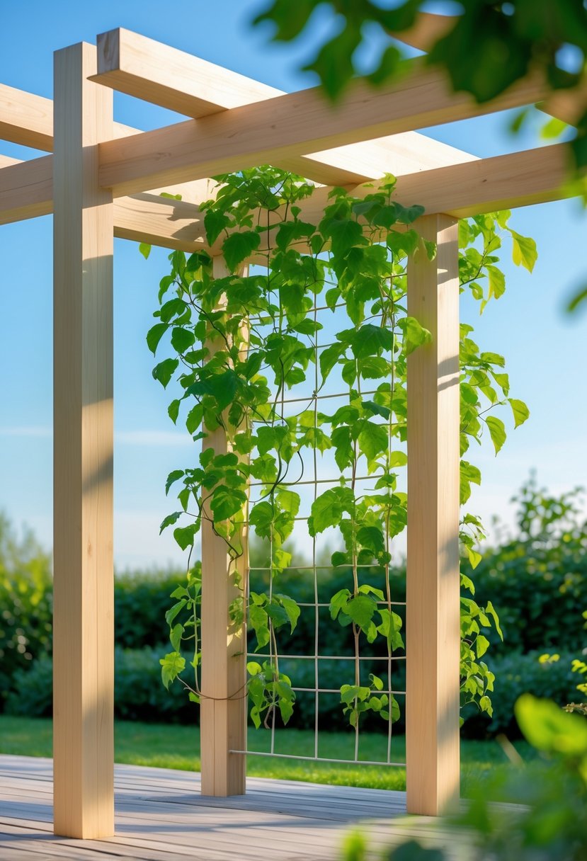 A wooden pergola with climbing green plants growing on its trellis in a sunny outdoor garden.