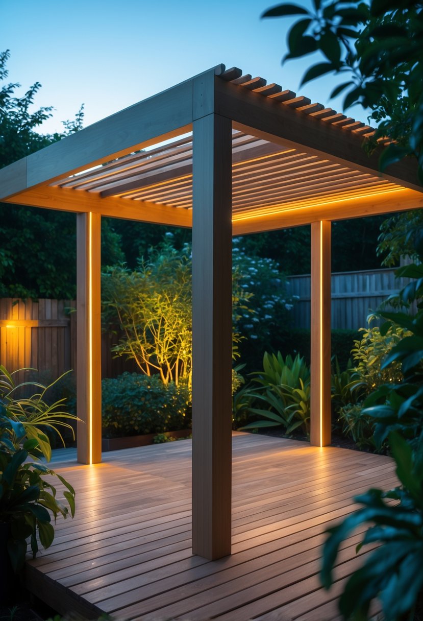 Freestanding wooden pergola with built-in lighting on a wooden deck surrounded by green plants in a garden setting.