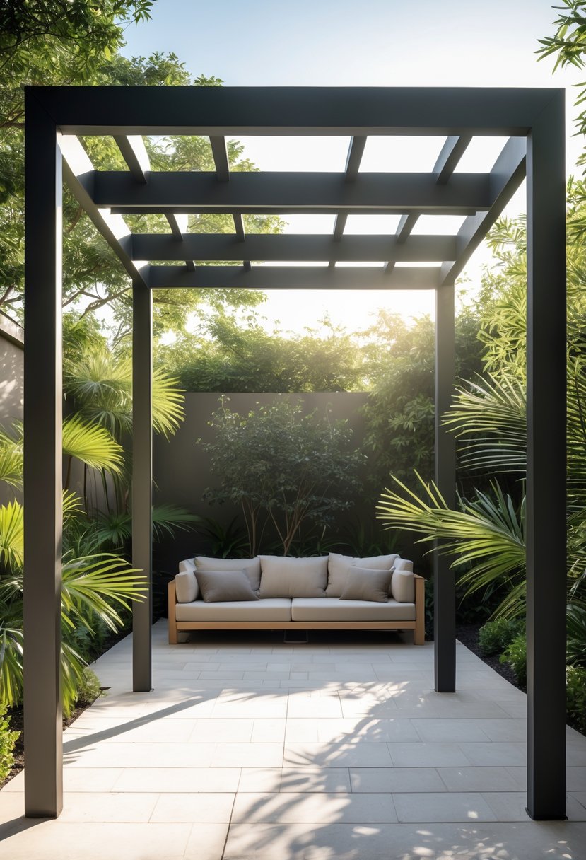 A metal pergola with clean lines standing in a garden with green plants and outdoor seating beneath it.
