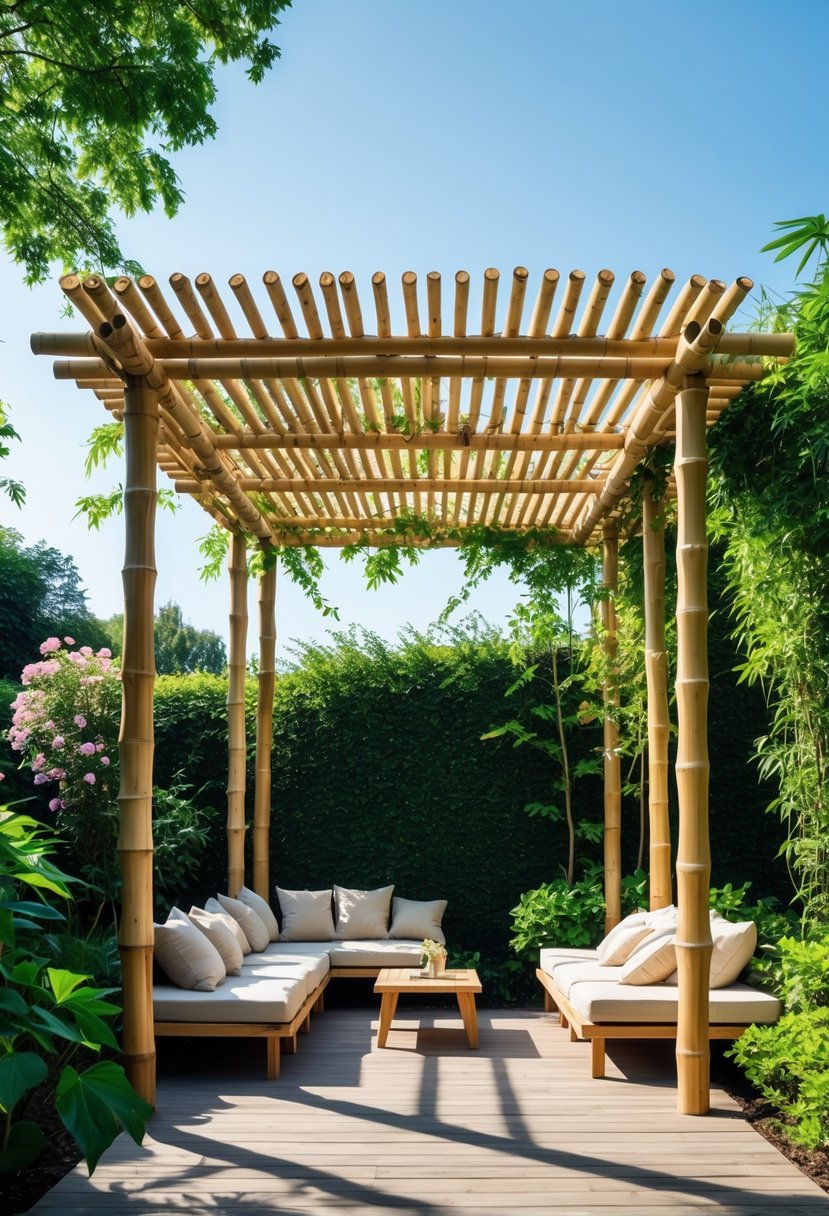 A bamboo pergola surrounded by green plants and vines with sunlight filtering through, set over a wooden deck with outdoor furniture.