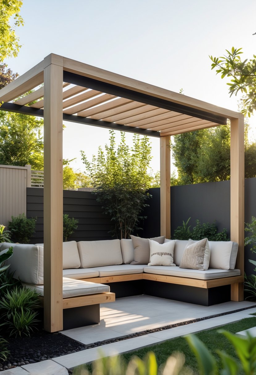 An outdoor pergola with an integrated seating bench surrounded by greenery in a garden setting.