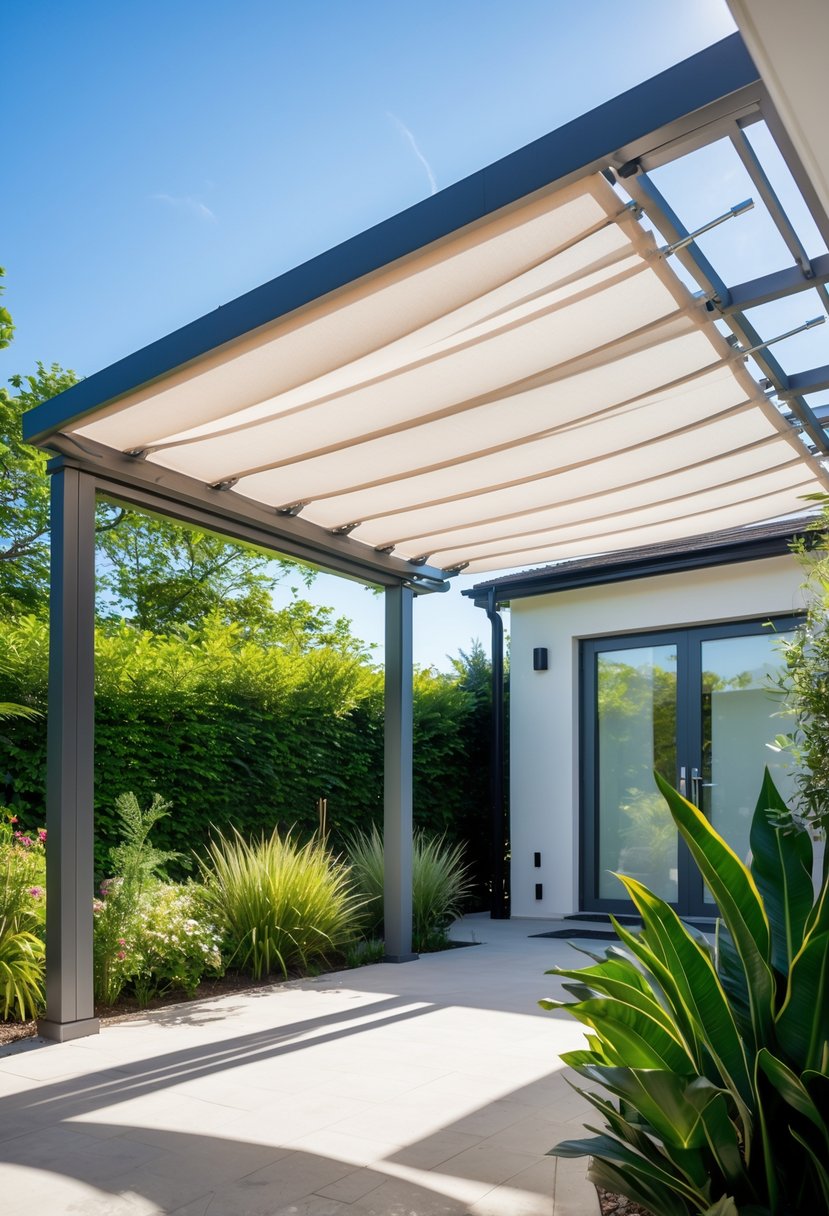 A modern pergola with a retractable fabric canopy extended, surrounded by green plants in a sunny outdoor garden.