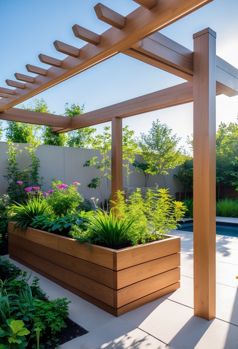 Outdoor pergola with built-in planter boxes filled with green plants and flowers in a garden setting.
