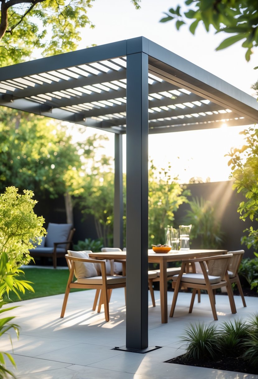 An aluminum pergola with a matte finish standing in a garden with outdoor furniture underneath and plants surrounding it.