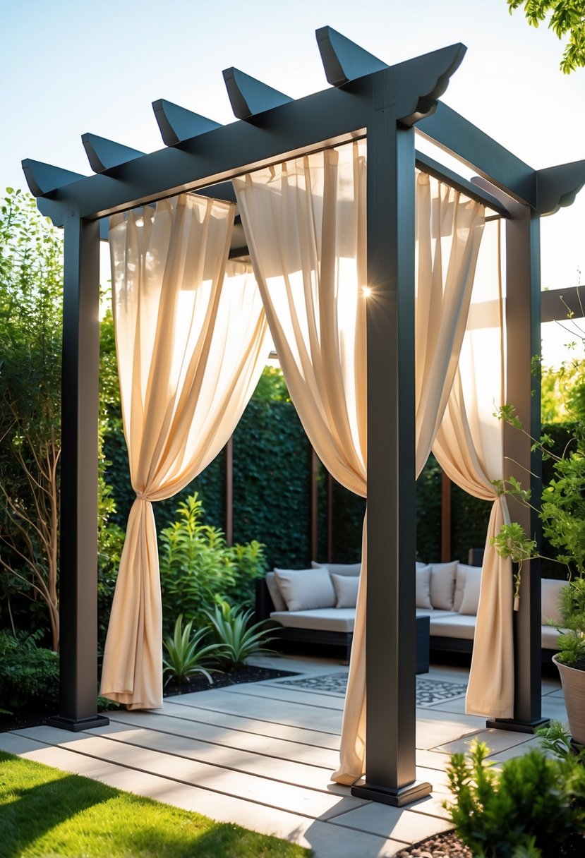 An outdoor pergola with flowing drapes surrounded by greenery in a garden setting.