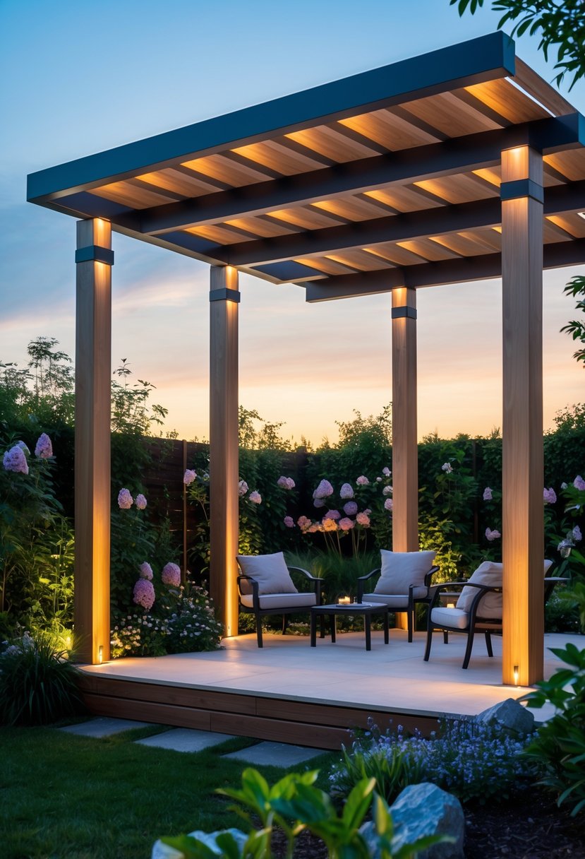 A modern wooden pergola with solar-powered LED lights in a garden setting at sunset, surrounded by plants and outdoor furniture.