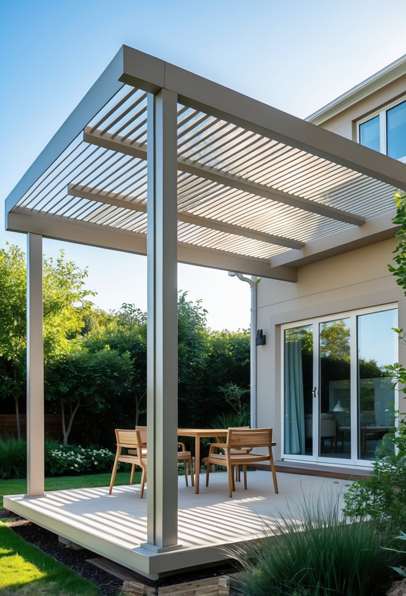 A pergola with an open slat roof attached to a house, overlooking a patio with outdoor furniture and plants.