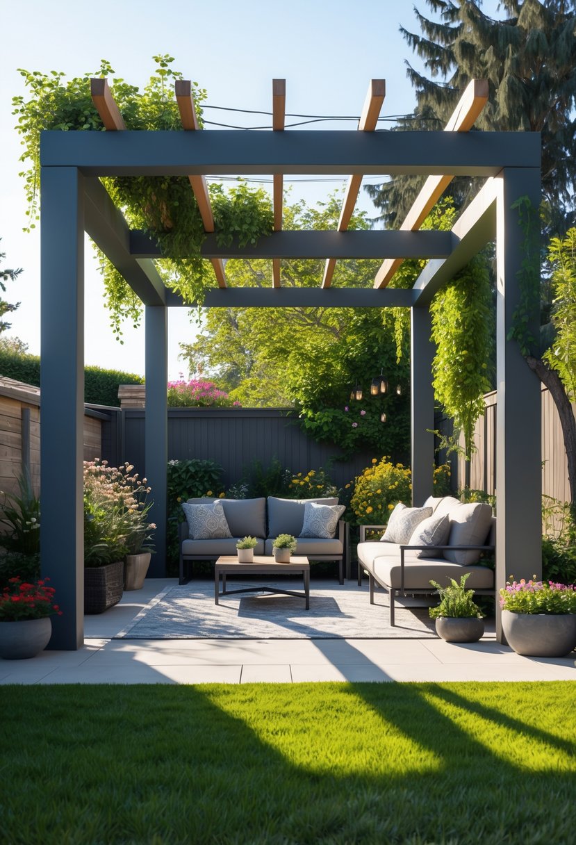 Outdoor seating area under a modern pergola surrounded by plants and greenery in a sunny garden.