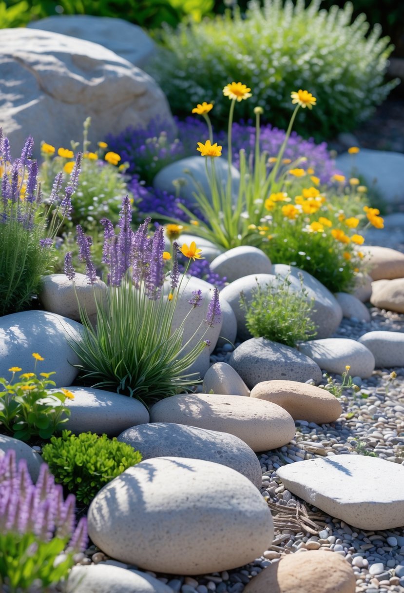 A rock garden with colorful flowers and natural stones arranged outdoors in sunlight.