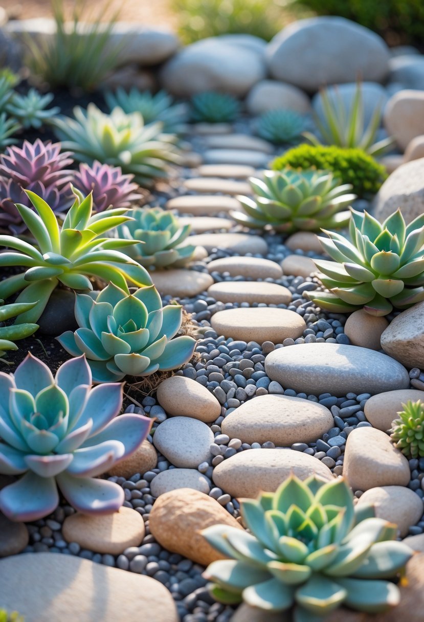 A garden with various succulents and rocks arranged in an artistic mosaic pattern.