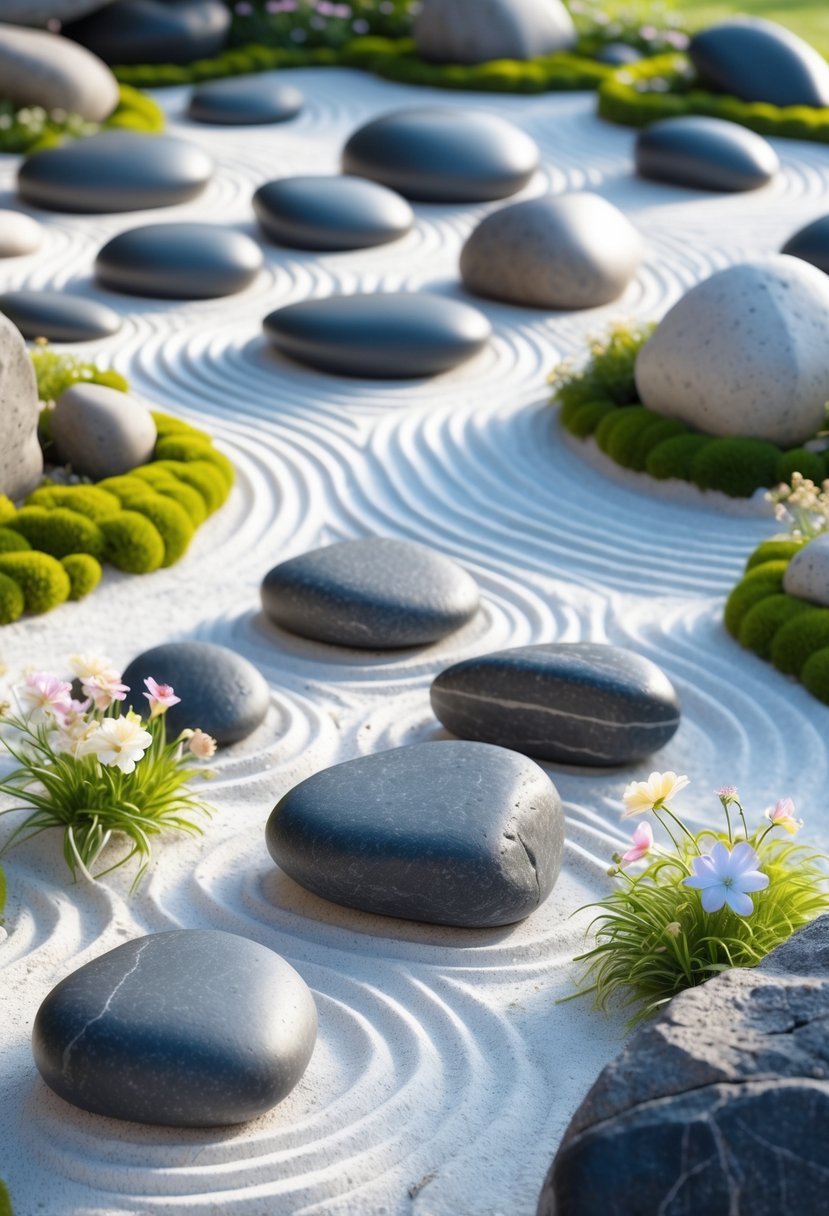 A minimalist rock garden with smooth stones, white sand, green moss, and small flowering plants arranged peacefully.