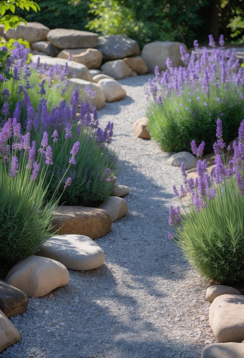 A garden pathway made of gravel lined with blooming lavender plants and natural stones.
