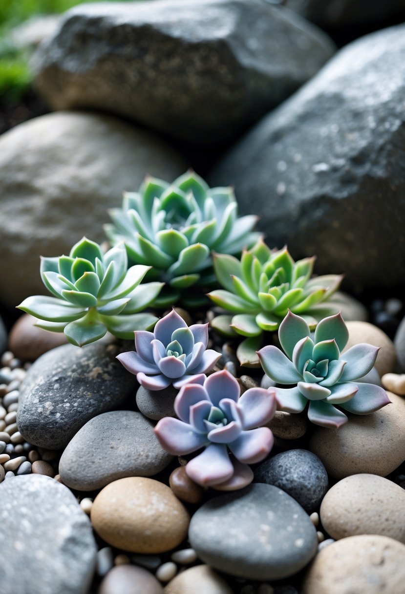 A compact arrangement of various succulents planted among smooth pebbles in a small rock garden.