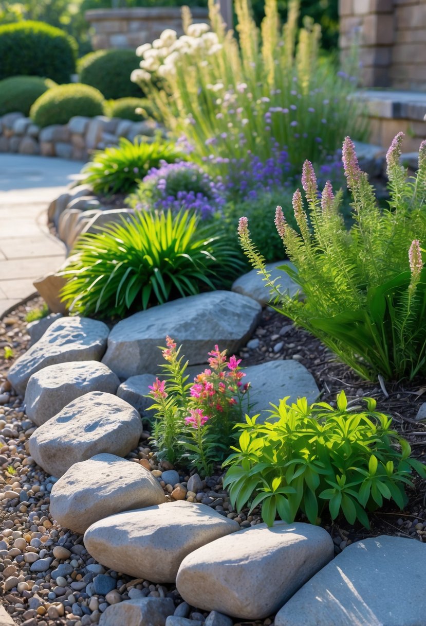 A natural rock border garden with native perennial flowers and green plants arranged among smooth and rugged stones.