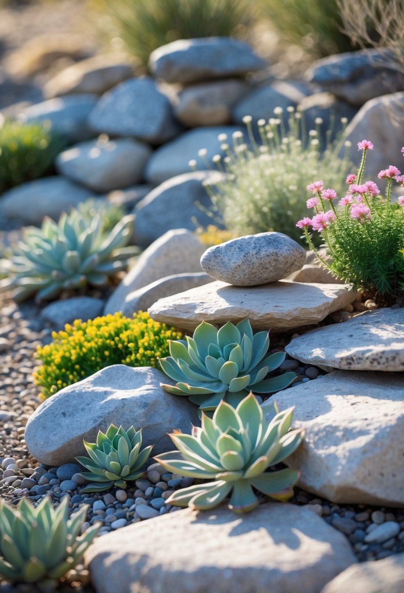 A garden with piles of rocks of different heights surrounded by drought-resistant plants and flowers.