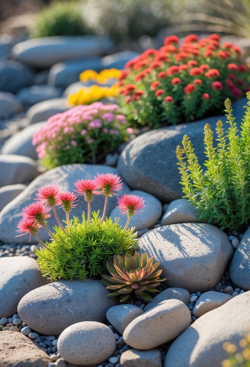 A colorful rock garden with blooming Sedum plants growing among various natural stones.