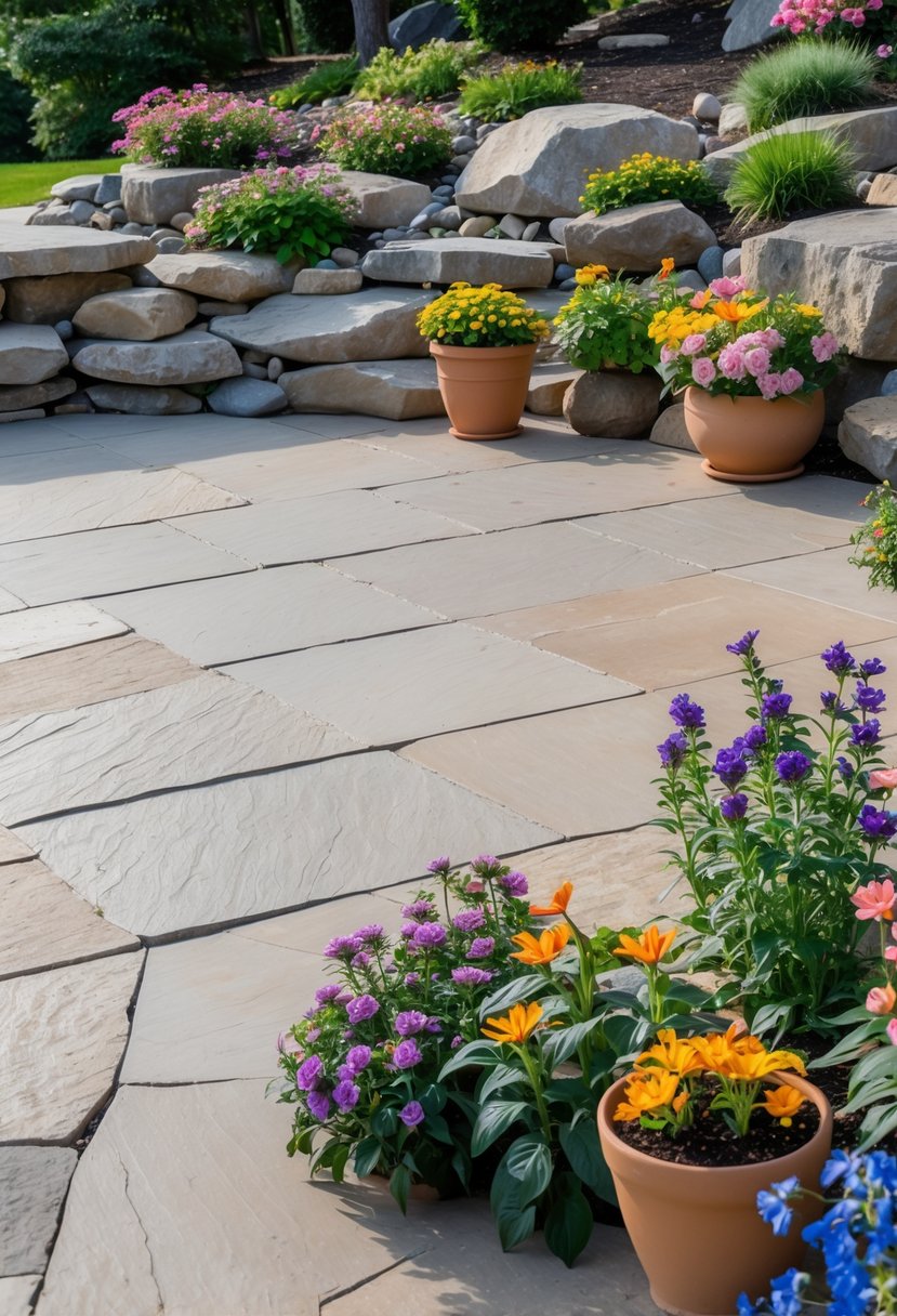 A large flat stone patio with potted flowers and a surrounding rock garden with stones and plants.