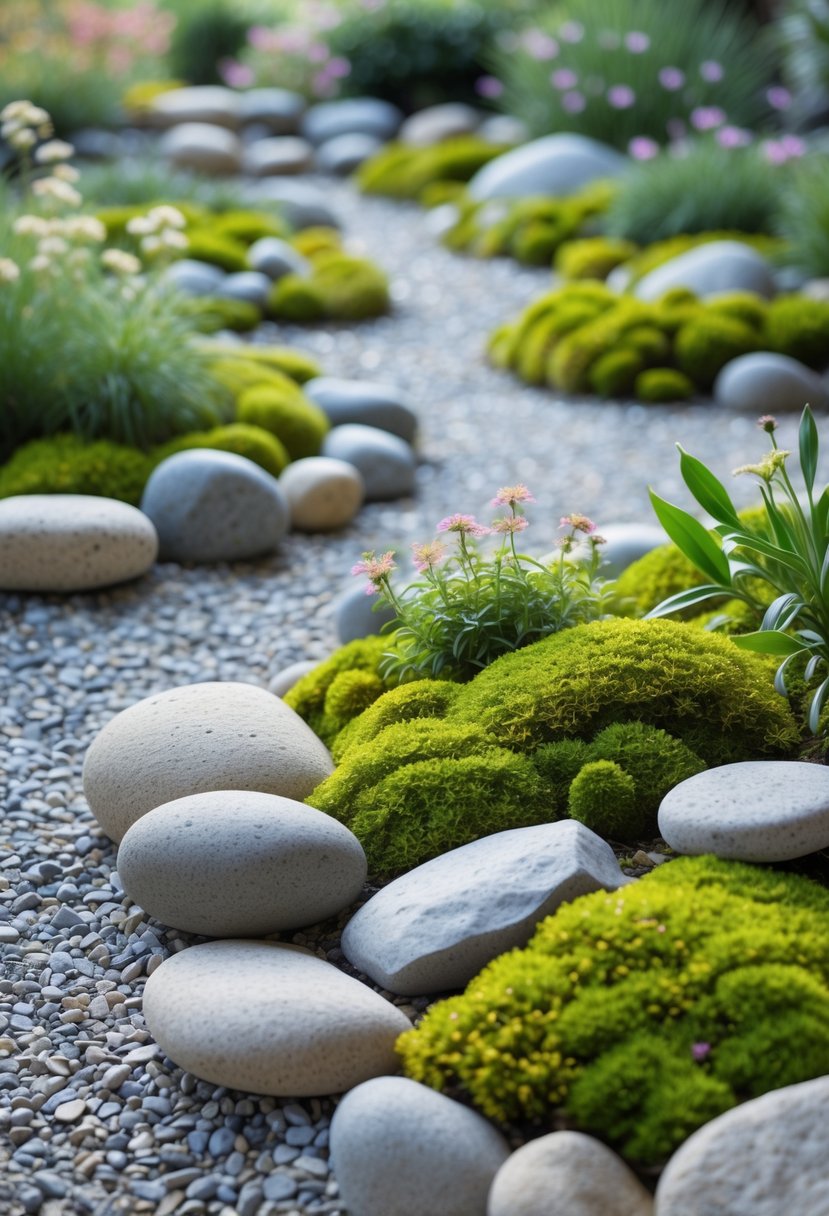 A garden with mixed gravel, moss, rocks, and flowering plants arranged in a peaceful outdoor setting.