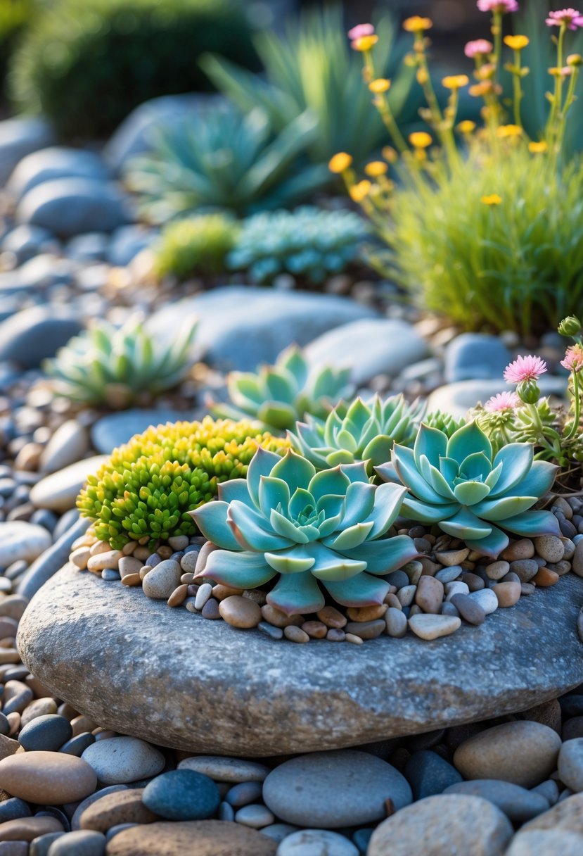 Clusters of succulents and small flowers arranged on a bed of smooth pebbles in a rock garden.